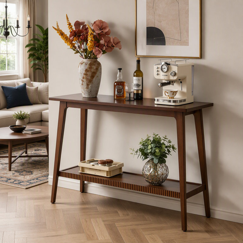 Console en bois massif, table d'entrée à deux niveaux, table d'appoint étroite et longue avec tablette de rangement, table de chevet pour salon ou hall d'entrée.