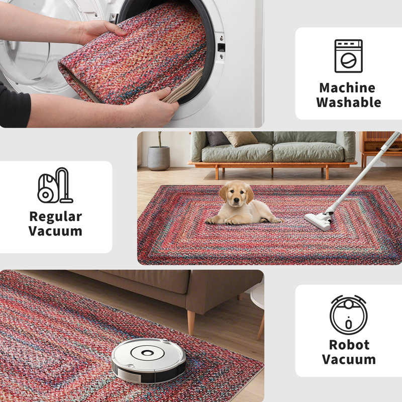Machine Washable Rugs Braided Print Hallway Area Rugs Non-Slip Modern Geometric Soft Non-Shedding Kitchen for Bedroom