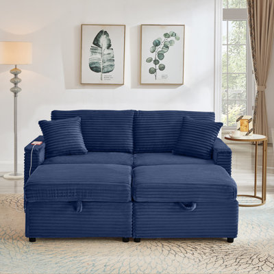 Comfortable Fluffy Corduroy Lazy Sofa, Storage Space For Big Loveseat, Super Soft Chaise Lounge With Double Ottomans And Table Board,Suitable For Chailiving