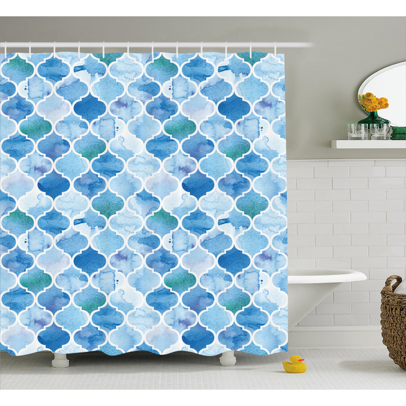 Rideau de douche à imprimé mosaïque arabique et crochets, H 70 po x l 69 po