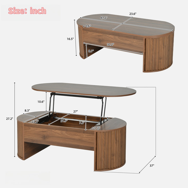 Table basse ovale avec mécanisme de levage hydraulique, compartiment caché et rainures ondulées verticales