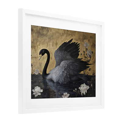 Reproduction sous verre encadrée d'un cygne foncé sur un lac, conception de Jose Perez