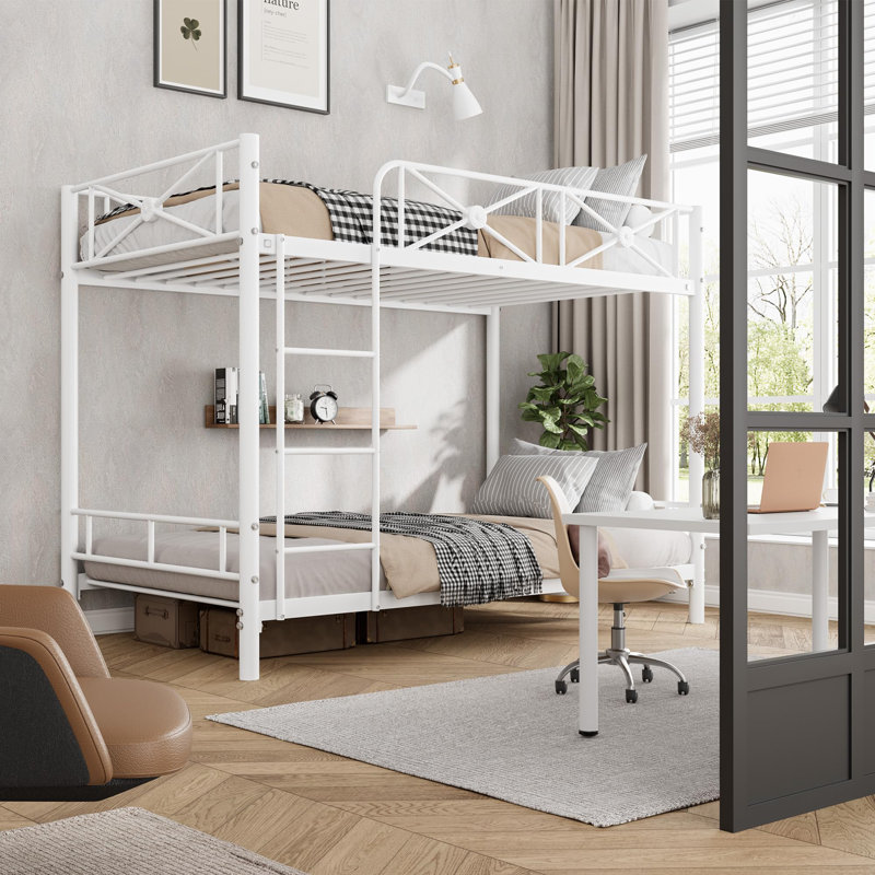 Twin-Over-Twin Metal Bunk Bed with Safety Guardrails, Heavy-Duty Steel Frame, Industrial Space-Saving Design, White