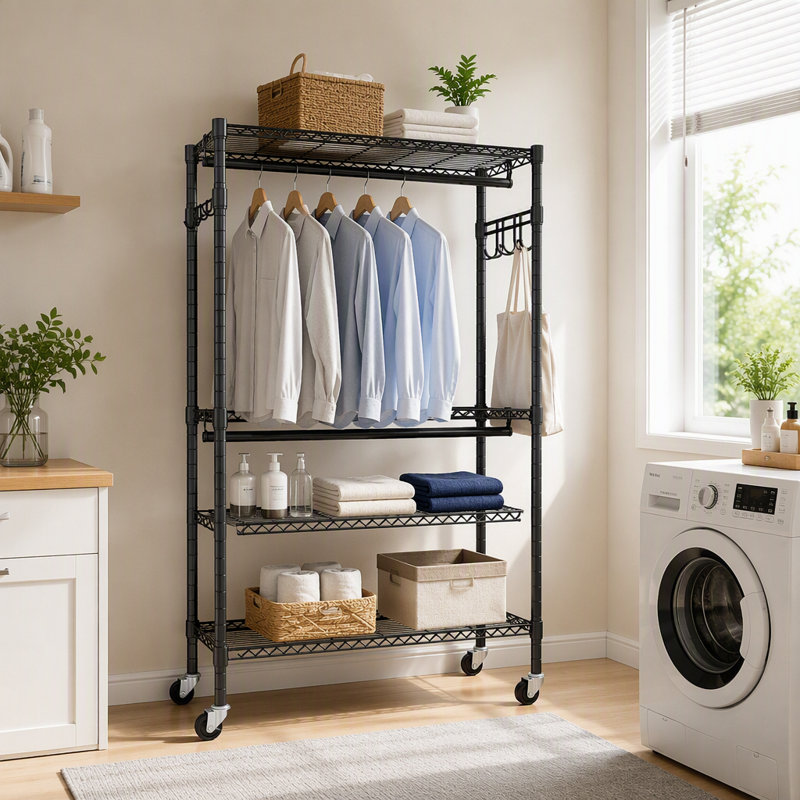 Rolling Clothes Rack with Wheels, Three Tier Adjustable Wire Shelving and Two Hanging Rods, Black