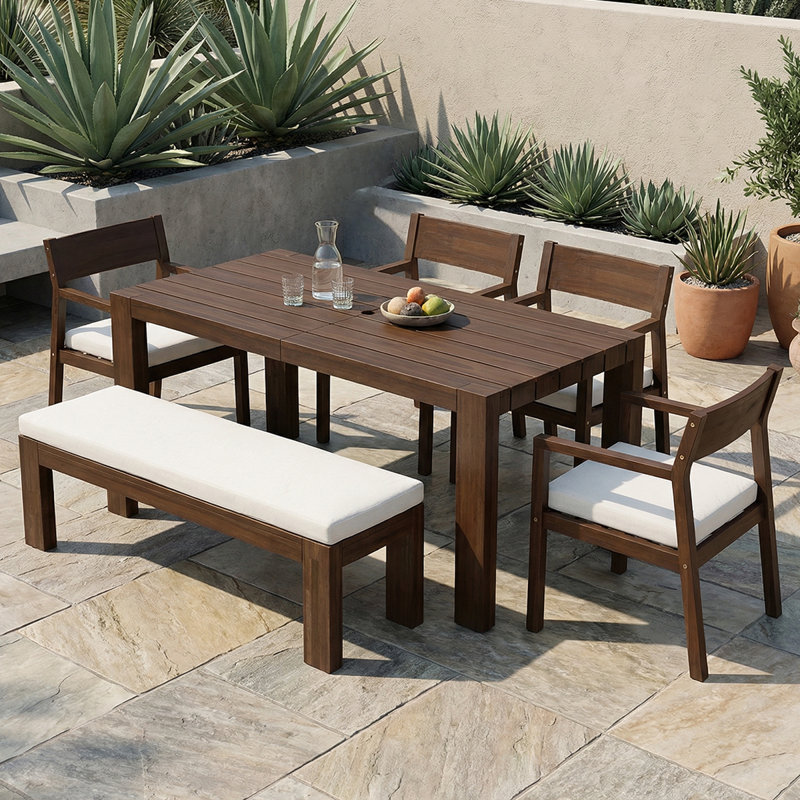 Acacia Wood Patio Dining Set With Umbrella Hole And Waterproof Cushions - Outdoor Table For 6 People, Espresso Wood