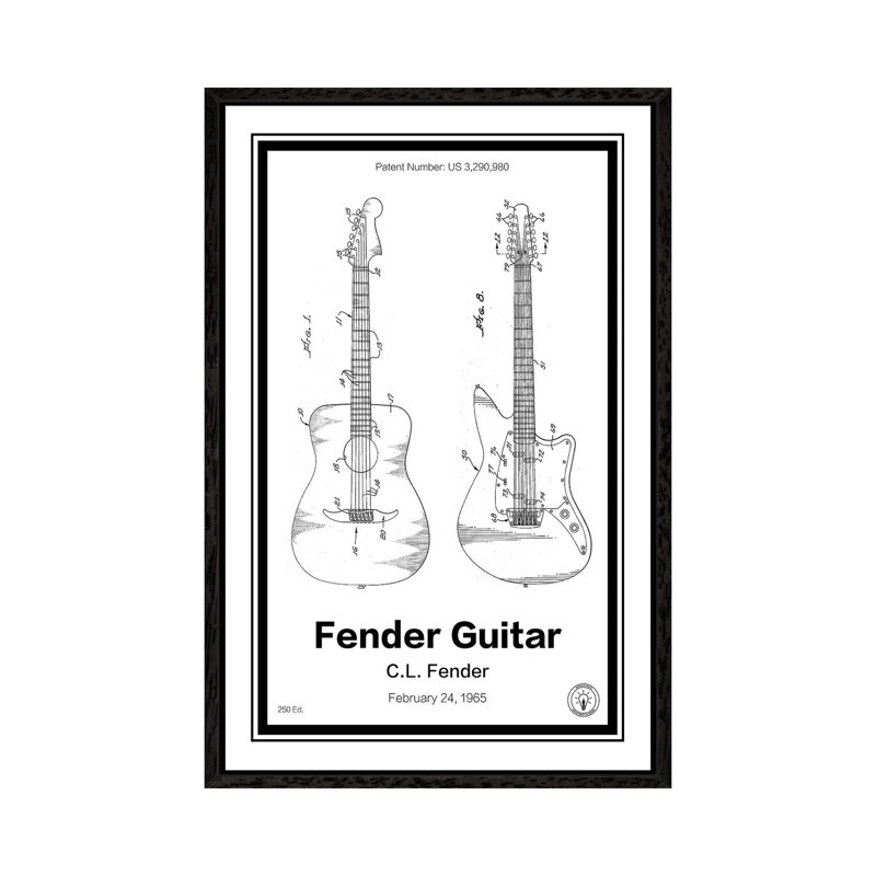 Fender Guitar by Retro Patents - Print on Canvas, Black Framed, 66.04 cm H x 45.72 cm W