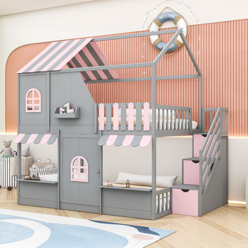 Lit superposé double au-dessus de double avec rangement intégré et conception de maisonnette, Gris / rose