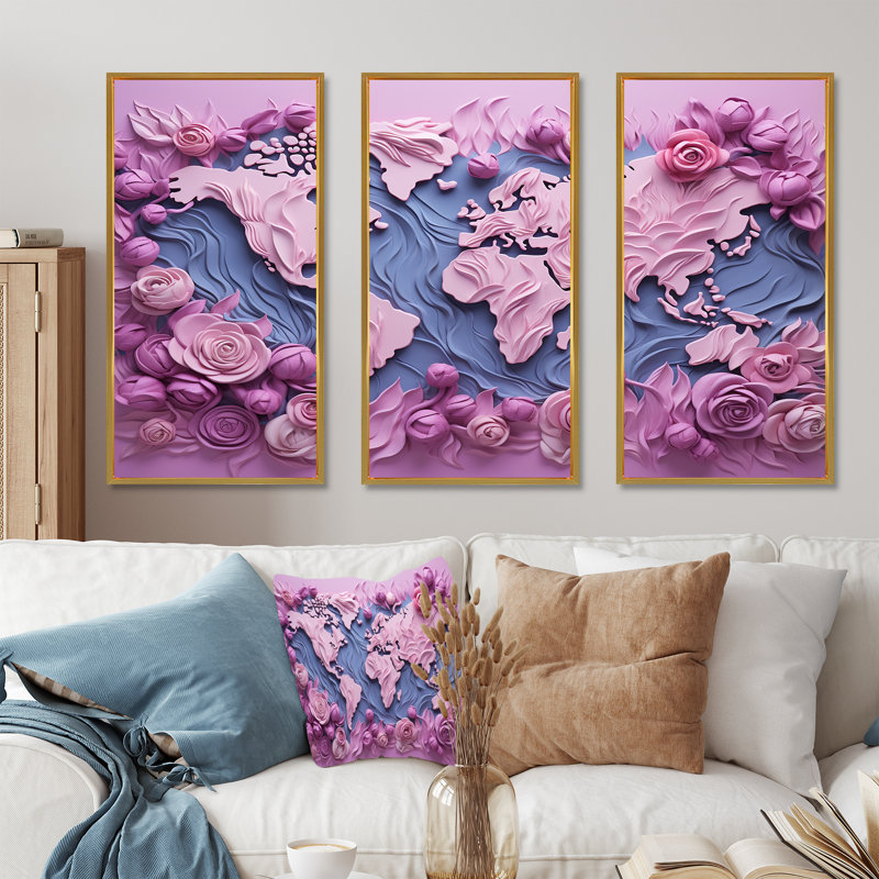 «Pink Whimsical Waters World Map I», ensemble d'art mural sur toile carte du monde, Cadre flottant doré