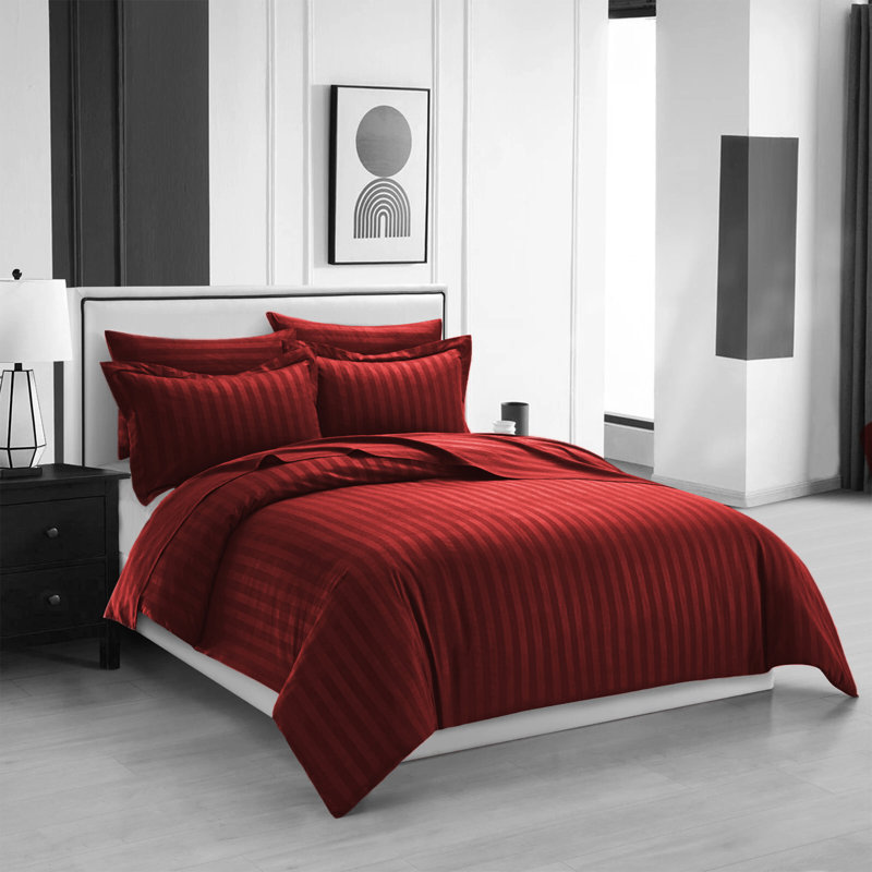 Microfiber Striped Duvet Cover Set with Pillowcases, Super King Duvet Cover Set + 2 StandardPillowcase, Burgundy