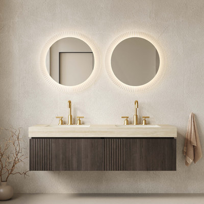 60" Bathroom Vanity&Sink, Floating Storage Cabinet with 2 Drawers&Doors, Roma Travertine Sintered Stone Top&2 Ceramic Basins with 3 Pre-drilled Faucet Holes, Pre-assembled