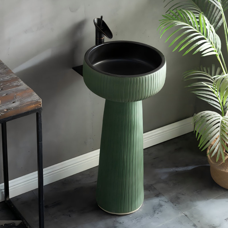 Lavabo sur pied en céramique vert olive, 2 pièces, avec texture cannelée verticale