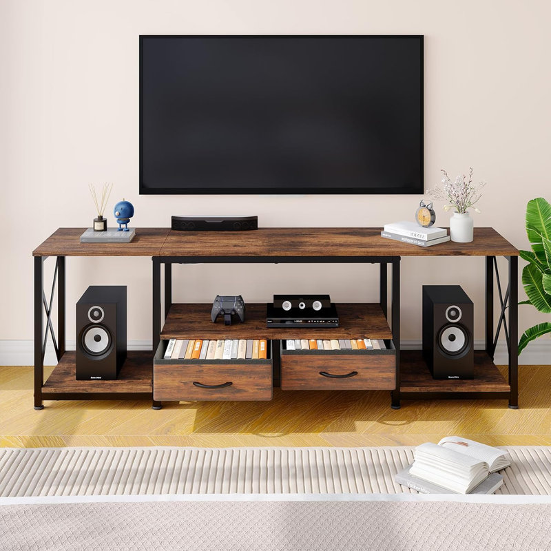 TV Stand for 65-75" TVs with Fabric Drawers, Open Shelves, and Power Outlets, Rustic Brown Media Console for Living Room, Bedroom, Office