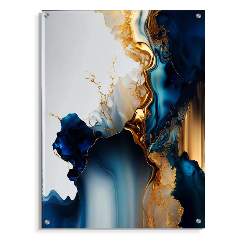Géode abstraite dorée et bleue I - art mural acrylique abstrait en marbre pour la cuisine, H 40 po x l 30 po