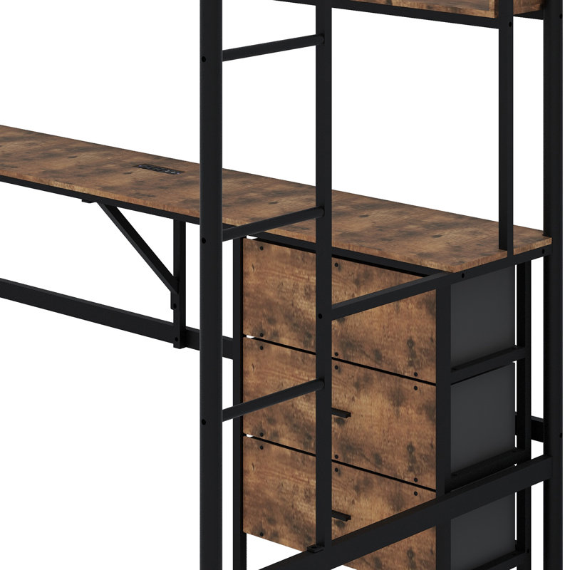 Loft Bed With Desk, Built-In Charging Station, Storage Drawers, Shelves & Safety Guardrail