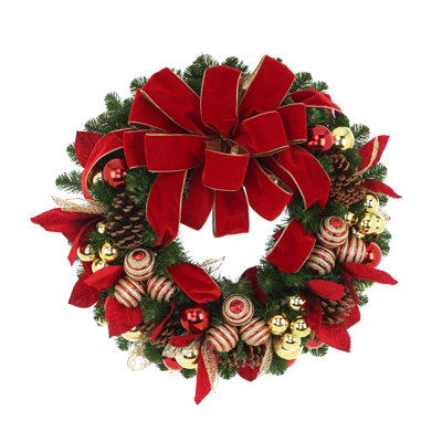 26" Holiday Wreath With Pinecones, Ornaments And Bows