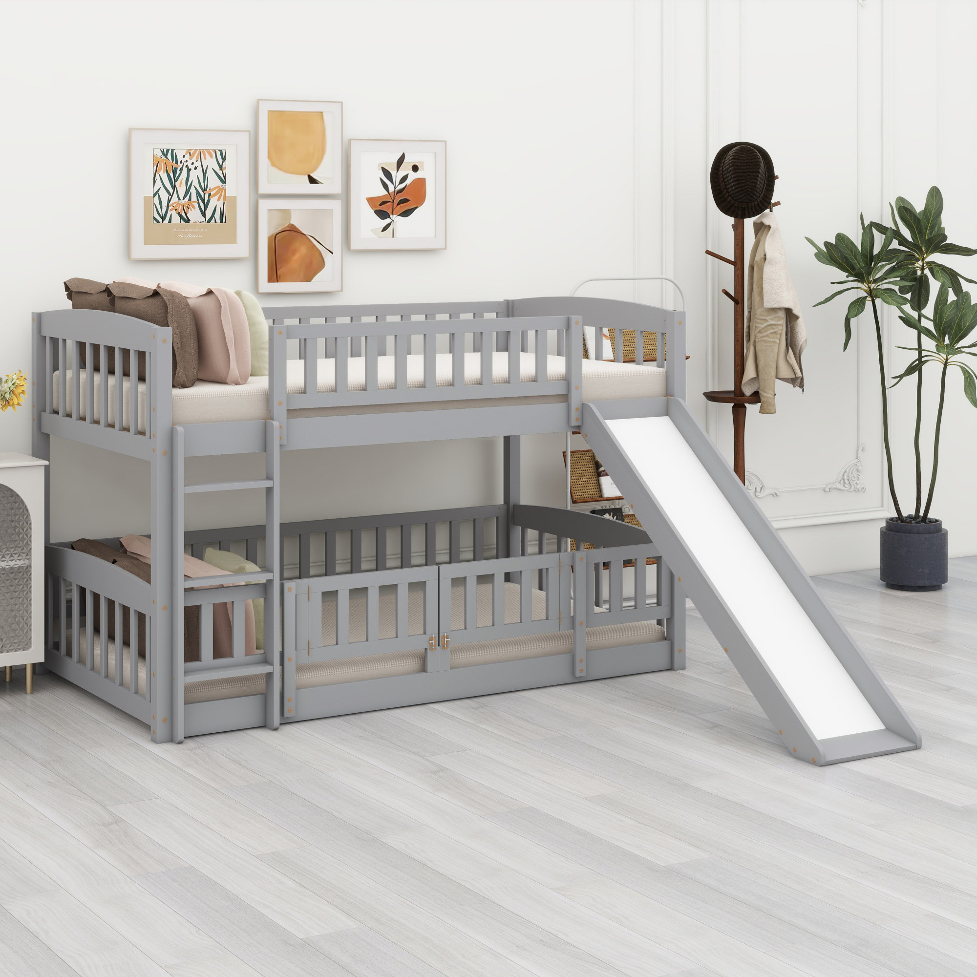 Latitude Run® Low Bunk Bed With Fence And Ladder, With Slide | Wayfair