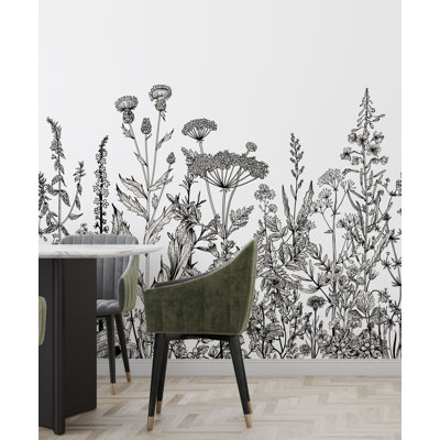Panneau de papier peint amovible en textile noir et blanc fleurs plantes de jardin Palmer
