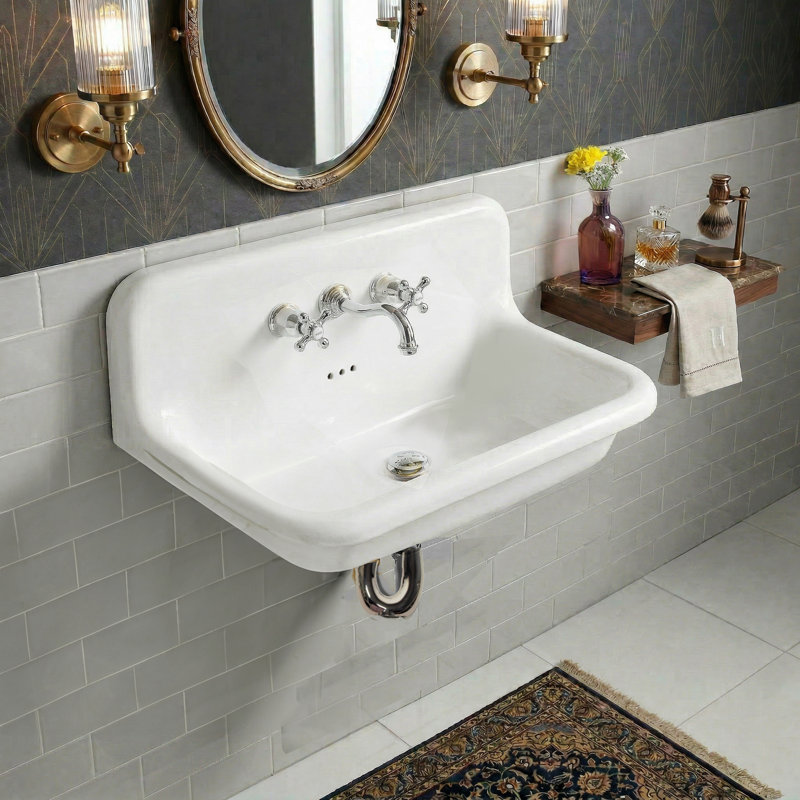 Fireclay Wallmount Bath Sink with Faucet, Drain and P-Trap Set, White/Chrome