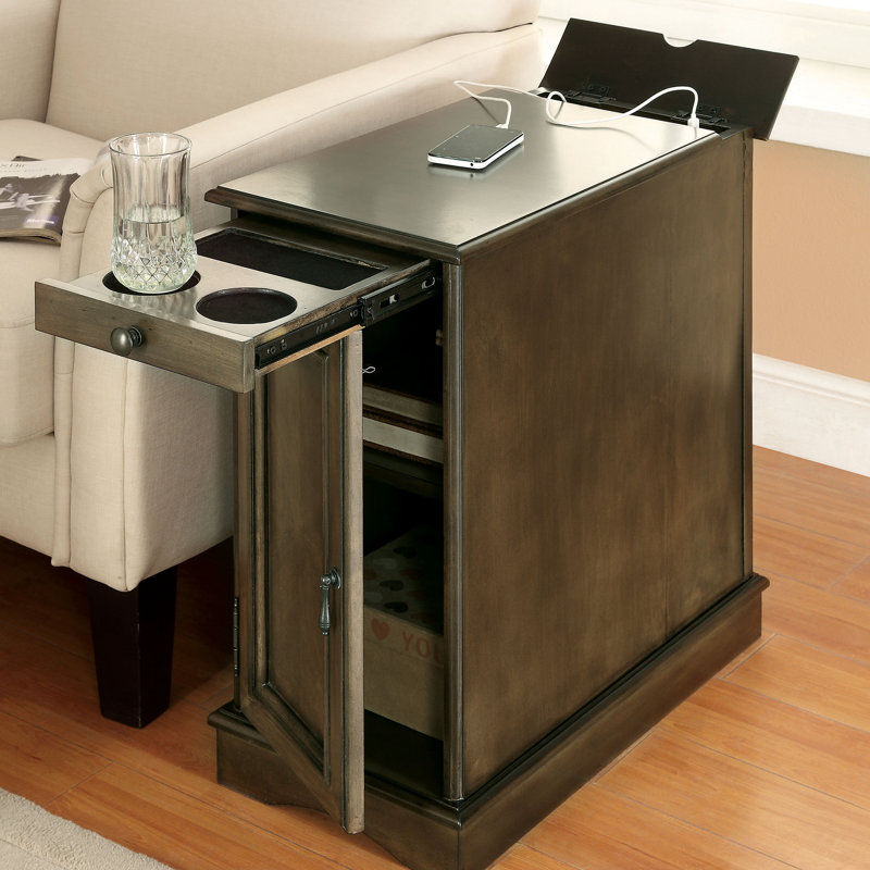 Korhonen End Table and Built-In Outlets, Antique Brown