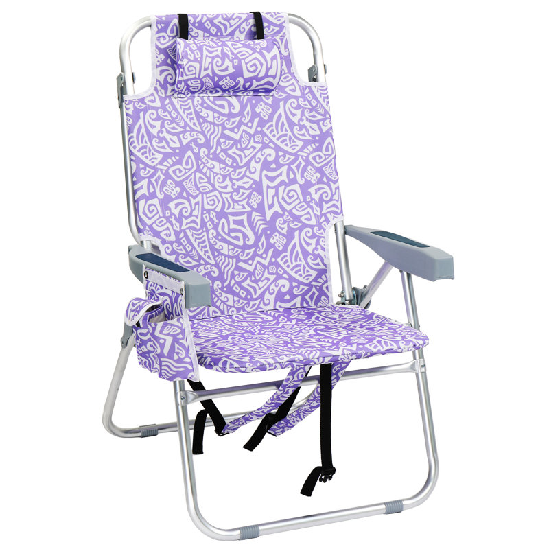 15"H Aluminum Reclining Folding Beach Chair 6-Positions With Cooler Bag And Cup Holder, Purple