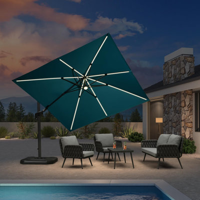 Parasol pivotant carré en porte-à-faux 10 'bleu avec pivot et base à énergie solaire