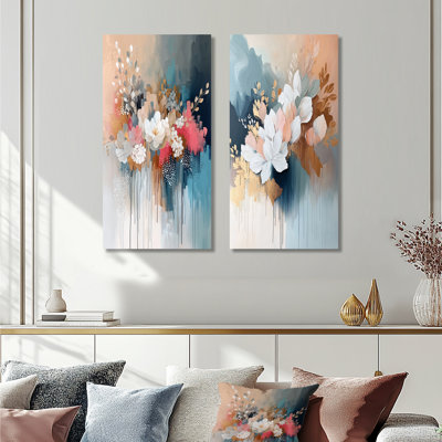 Ensemble de 2 pièces d'art mural blanc doré à motif floral Brushstroke III