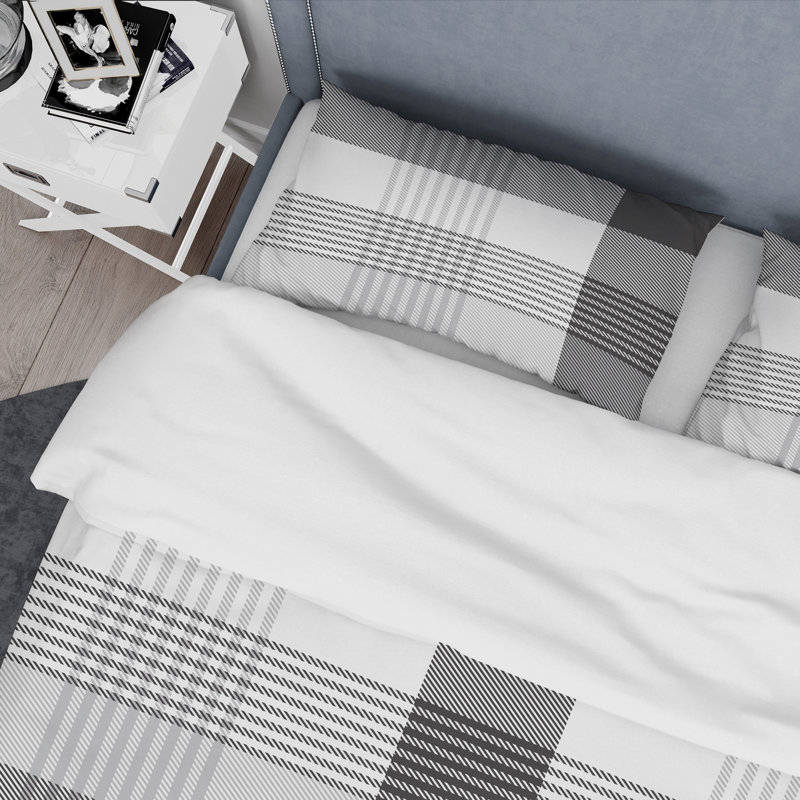 Tartan à carreaux blanc et gris - Ensemble de housse de couette abstrait - Microfibre de polyester
