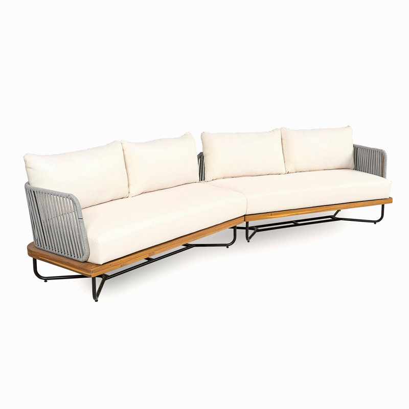 Ensemble de canapé modulaire d'extérieur en bois d'acacia tissé avec corde, beige
