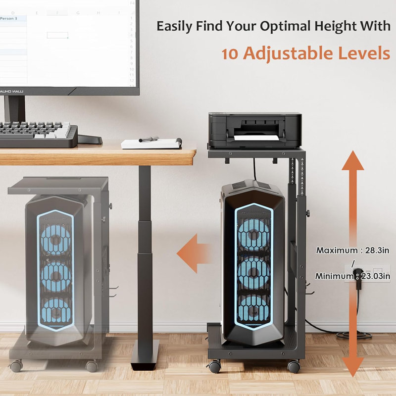 Computer Tower Stand, Adjustable PC Tower Stand CPU Holder Cart With Charging Station For Office Home Classroom