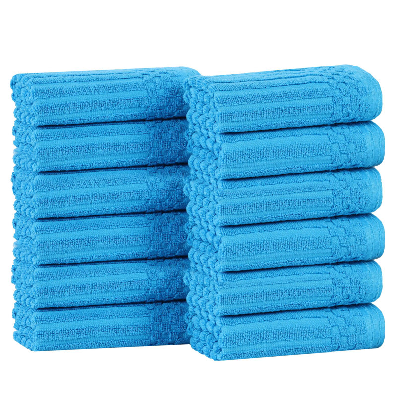 Juras Soho Cotton Ribbed Checkered Border Medium Weight Washcloths Face Towels, Sky Blue