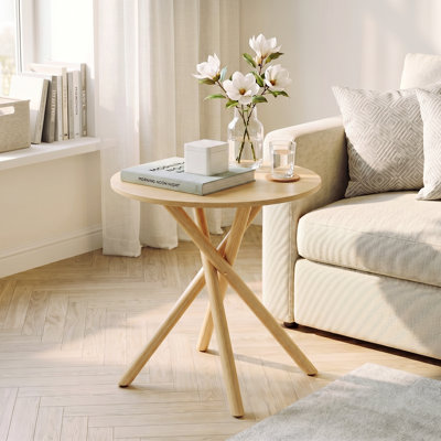 23.6 Inch Round Cross Leg End Table Rustic Wood Grain Side Table For Small Spaces