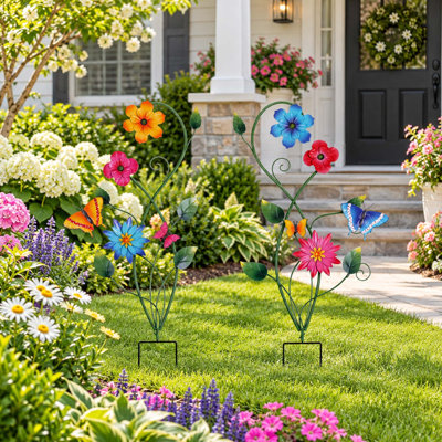 Lot de 2 piquets de jardin en métal de 94 cm (37 pouces) en forme de papillon et de fleur, pour la décoration extérieure
