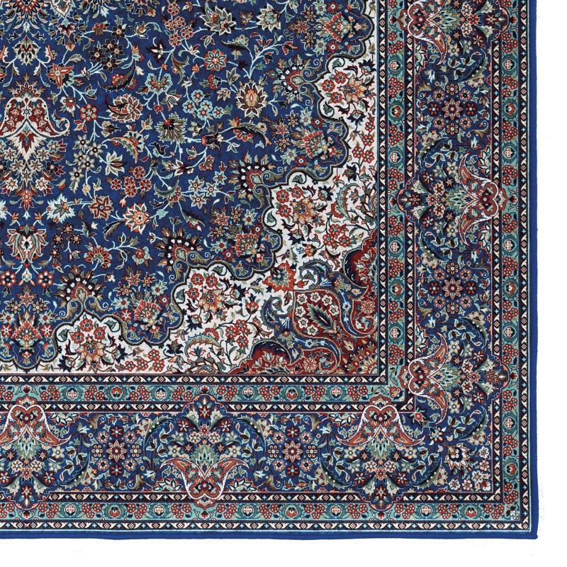 Breedlove Traditional Machine Woven Flatweave Blue and Ivory Area Rug with Non Skid Backing, Rectangle 6'7" x 9'7"