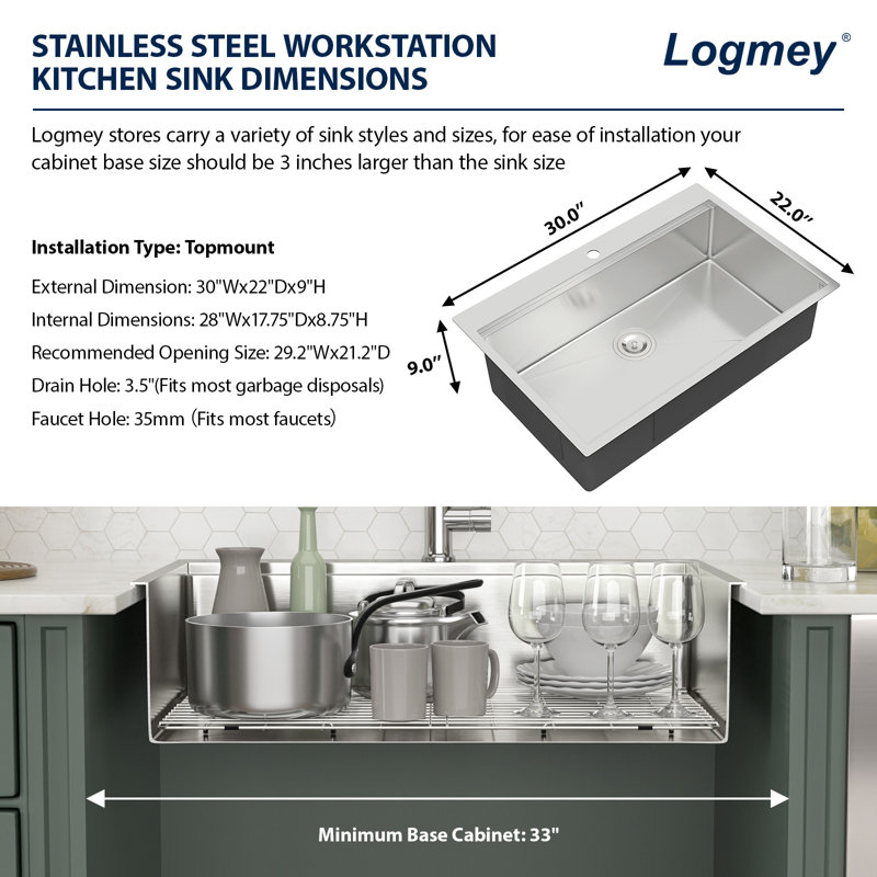 30" L x 22" W Drop-in Kitchen Sink Workstation Sink 16 Gauge Stainless Steel Single Bowl Sink