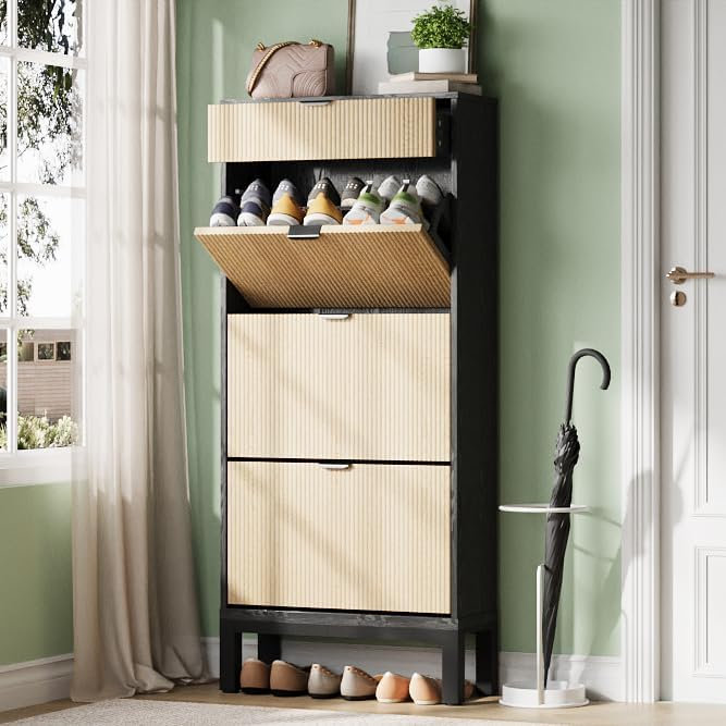 Armoire à chaussures avec 3 tiroirs rabattables, range-chaussures cannelé Farmhouse avec pieds en métal, étagère à chaussures étroite autoportante pour vestibule, couloir