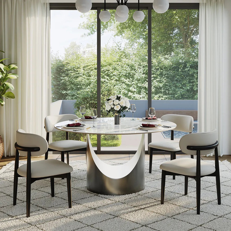 Table de salle à manger moderne en pierre frittée moderne avec base piédestal, H 29,5 po x L 51 po x l 51 po, Blanc mat, Gris
