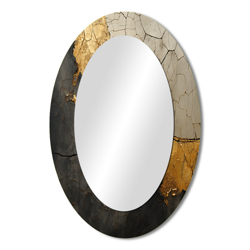 Black Gold Adorned Poteries - Abstract Oval Decorative Mirror On Metal, 36" x 24"