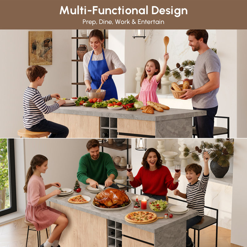 Modern Freestanding Kitchen Islands with Light,Kitchen Island with Storage and Seating Area
