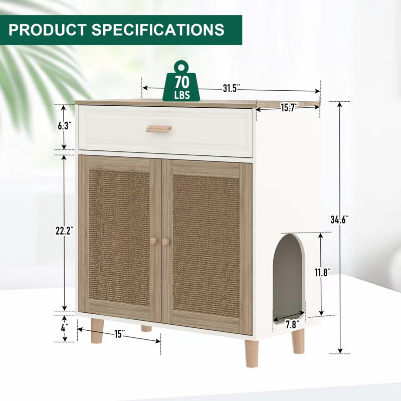 Enceinte de litière pour chat Diogo, H 34,6 po x l 31,5 po x P 15,7 po, Blanc