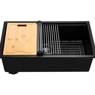 Évier de cuisine 30 po x 18 po x 9 po à simple cuve en quartz noir, facile à nettoyer et peu encombrant - un comptoir efficace en composite de 30 quartz réduit les éclaboussures et contribue à l'efficacité