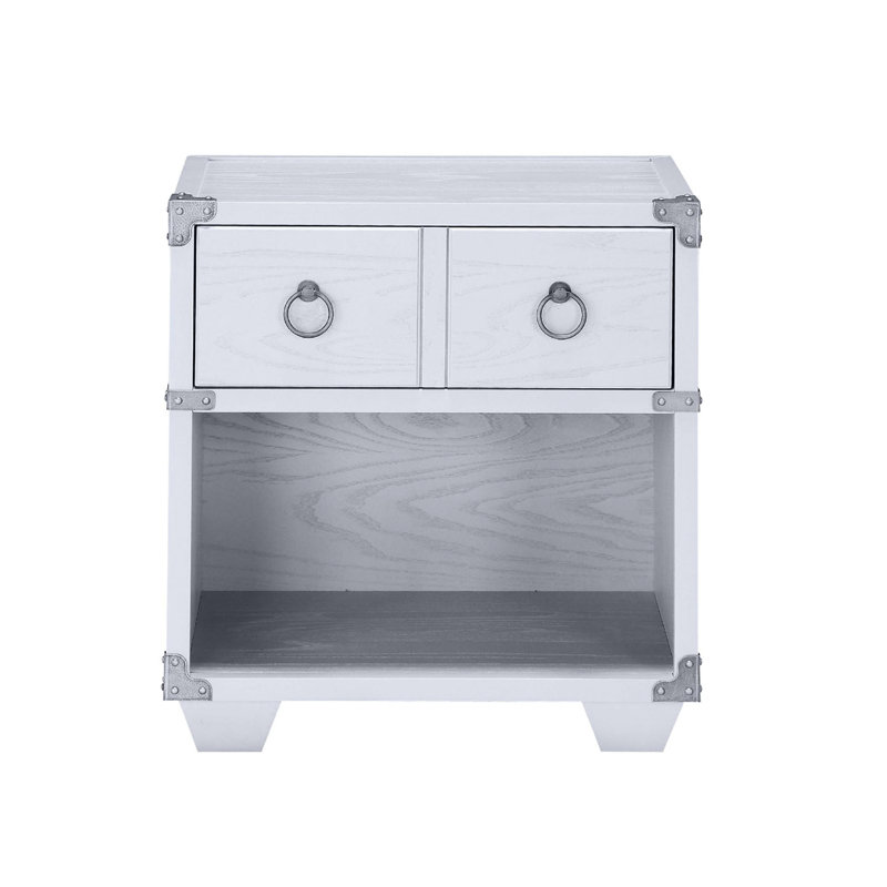 Table de chevet grise avec rangement et supports métalliques