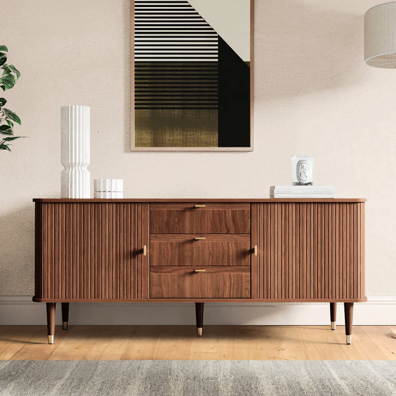 Corrigan Studio Mandea 63" Wood Sideboard with 3 Drawer Mid Century Modern, Walnut
