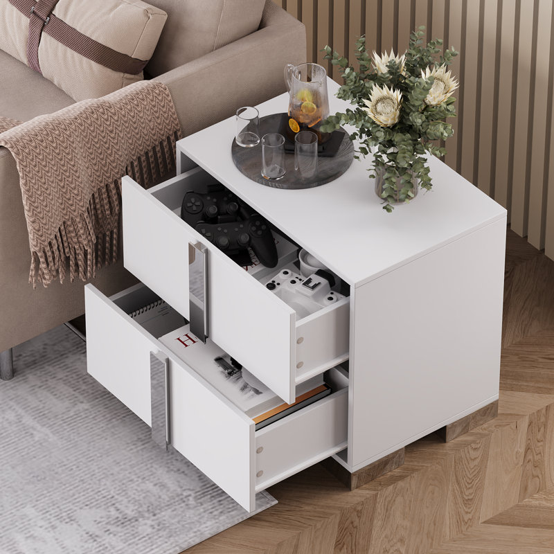 Modern White End Table With Drawers, Mirrored Metal Handles, And Metal Feet - Elegant Nightstand And Sofa Side Table For Bedroom And Living Room | Gift Idea