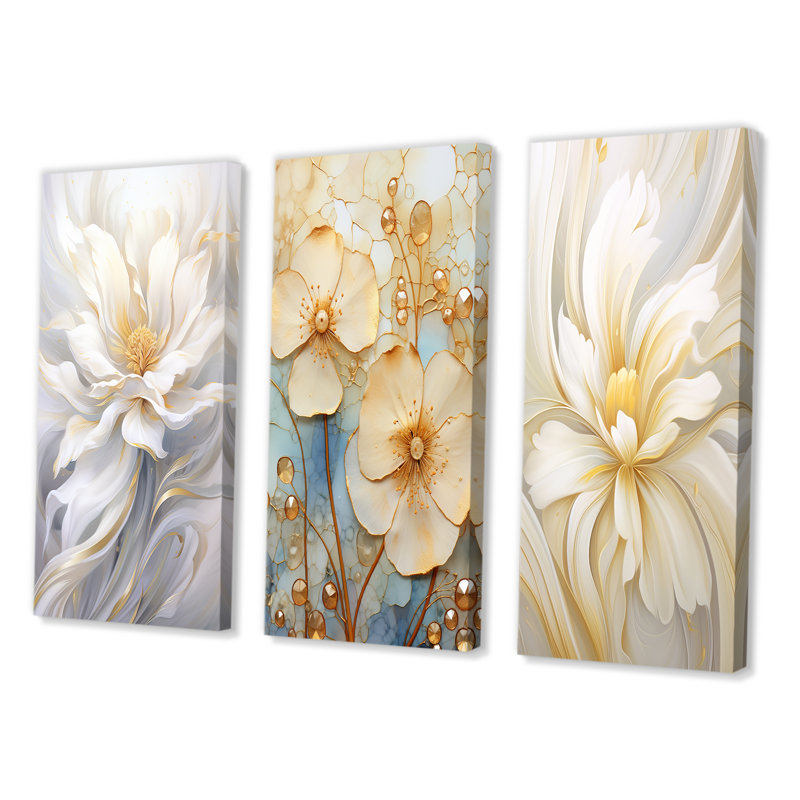«Dreamy White Digital Spring Flowers», 3 pièces, Toile tendue, H 32 po x l 48 po