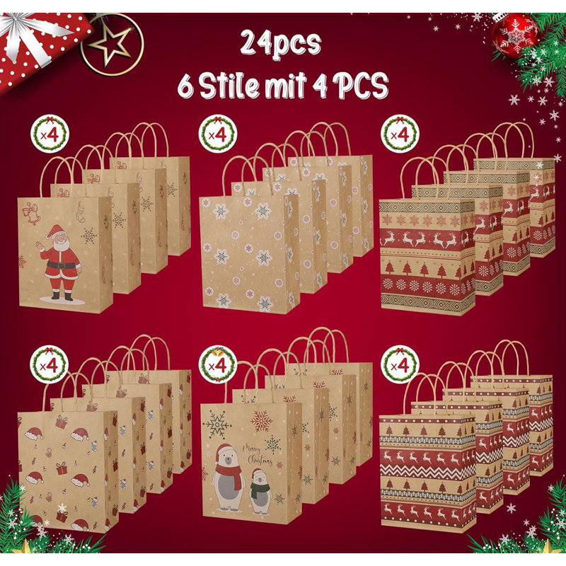24 Pack Christmas Gift Bags - 6 Designs, with Handles