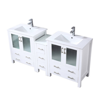 72 po Large meuble-lavabo double blanc avec armoire latérale, comptoir en céramique, robinet inclus, fonction de fermeture en douceur, deux armoires et sept tiroirs de rangement, comptoir Scratch, robinet à un trou