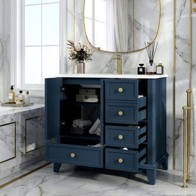 35.6" Modern Bathroom Vanity Sink Combo With Storage, Blue