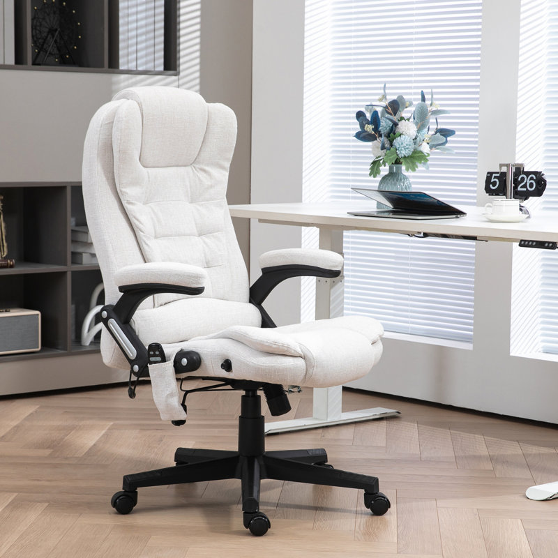 Chaise de bureau blanc crème. Massage vibrant 6 points avec chaleur. Inclinable. Rembourré. Siège réglable de 17,75 po à 21,75 po. Fauteuil sans limites. Blanc crème. Fonction de chauffage. Illimité