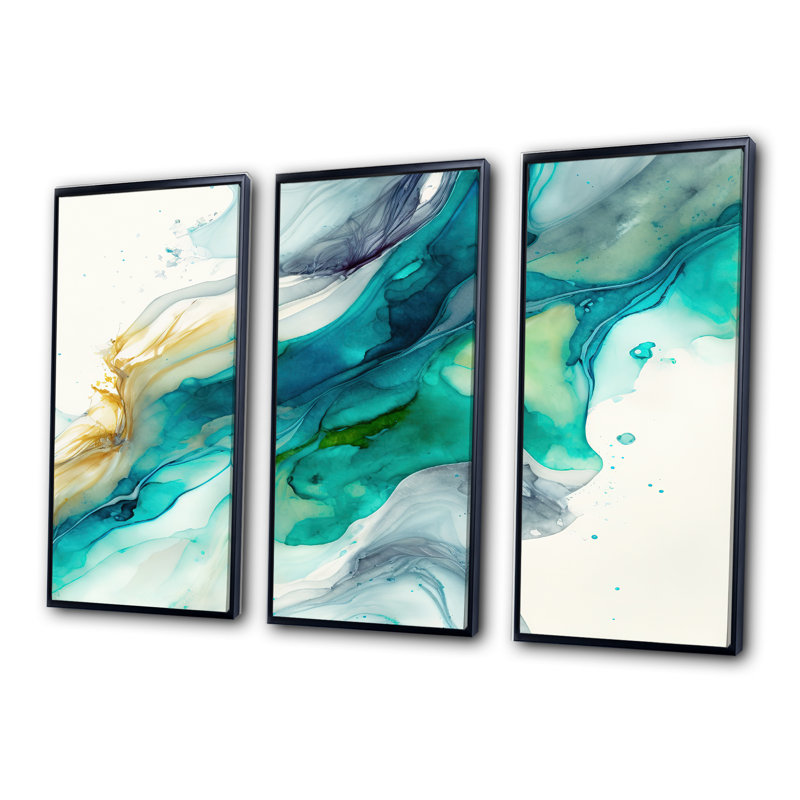 «Tropical Turquoise Joyfulness VI», reproduction sur toile 3 pièces, Toile encadrée noire, H 28 po x l 36 po x P 1 po