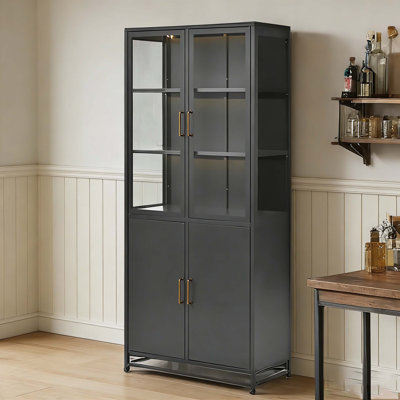 76.75'' Tall Display Cabinet, with Glass Doors and LED Lights, Steel Curio Cabinet with 3-Sided Glass, Pantry Cabinet with Storage for Hallways, Livingroom Kitchen Home Decor & Office - Black